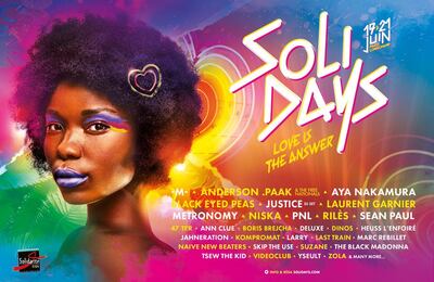 Afiche del festival solidario Solidays, con los artistas que debían actuar en París. Se canceló hasta nuevo aviso.
