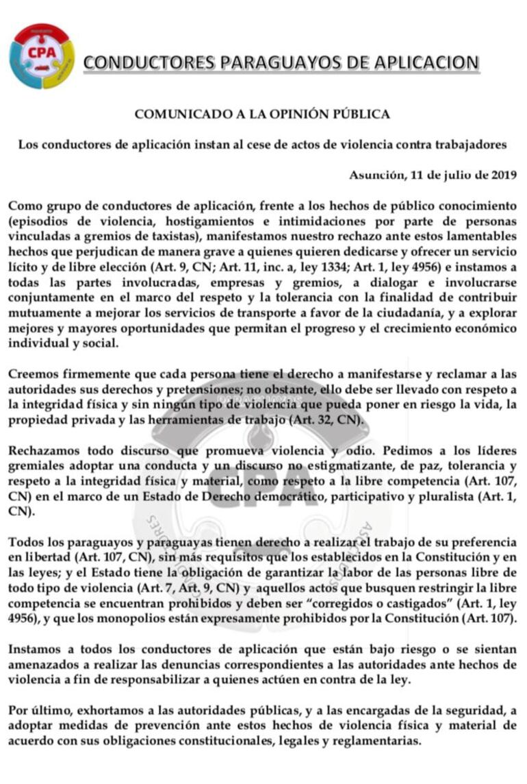 Comunicado de Conductores Paraguayos de Aplicación (CPA) sobre conflicto con taxistas.