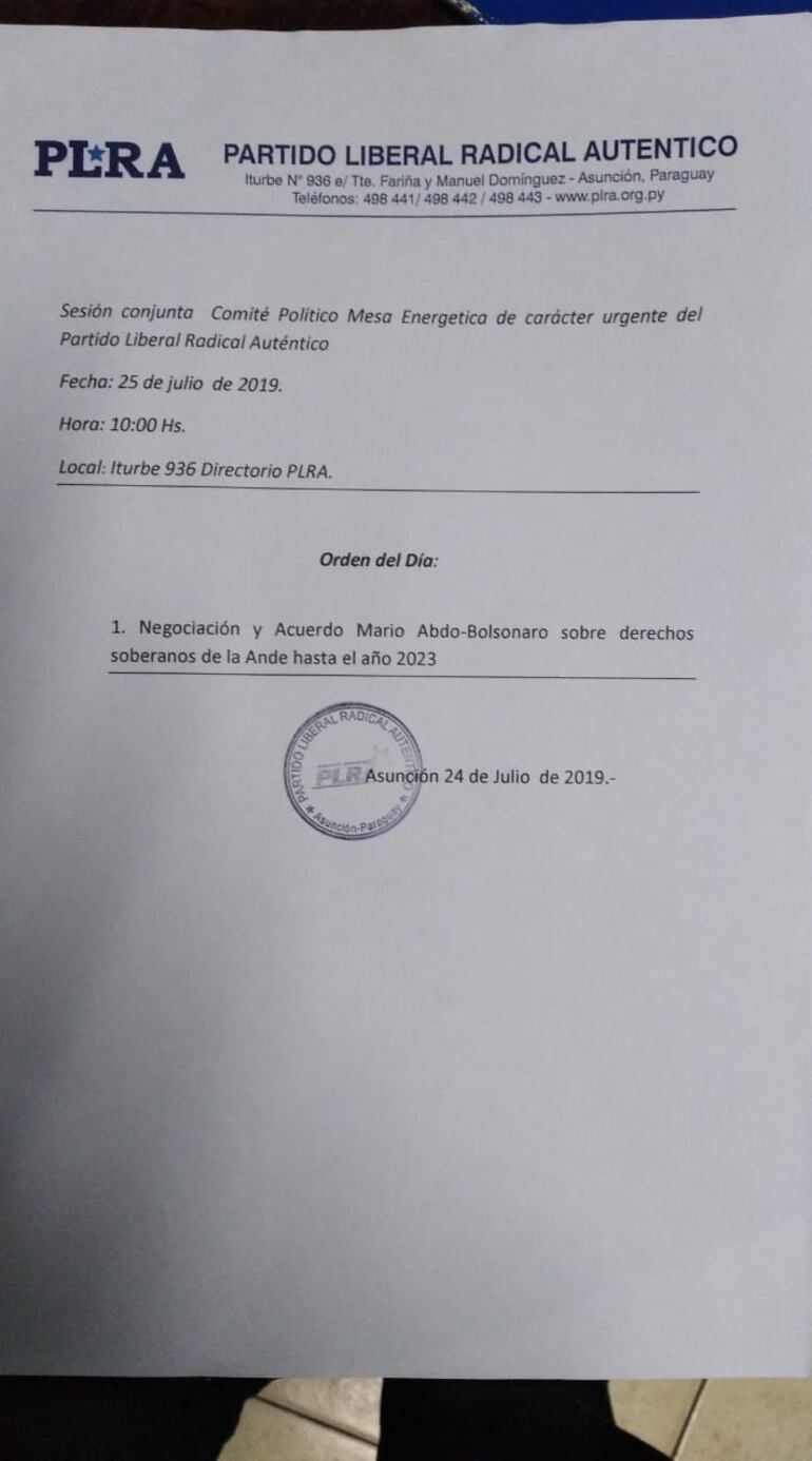 Convocatoria del PLRA para debatir acuerdo referente a energía que corresponde a la Ande.