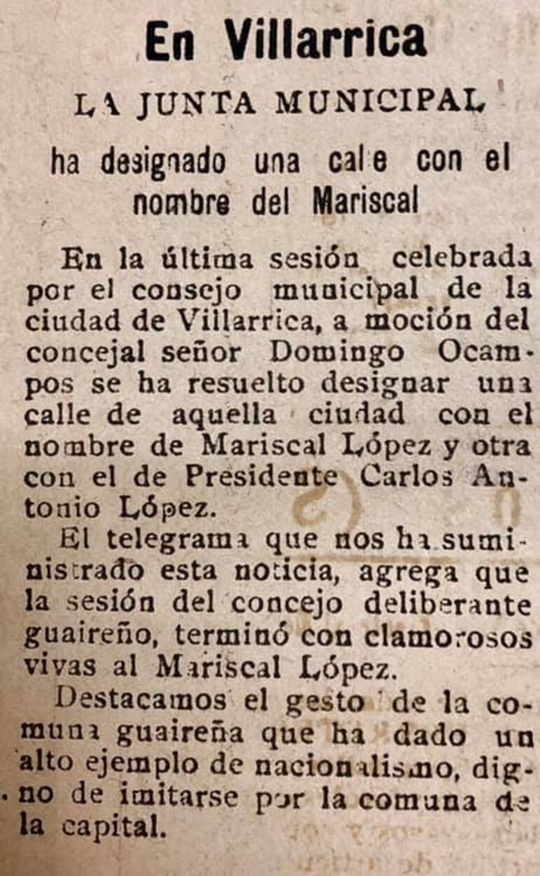 Recorte de una noticia que llegaba desde Villarrica, donde desde el 21 de julio de 1926 una calle llevó el nombre del Mariscal.