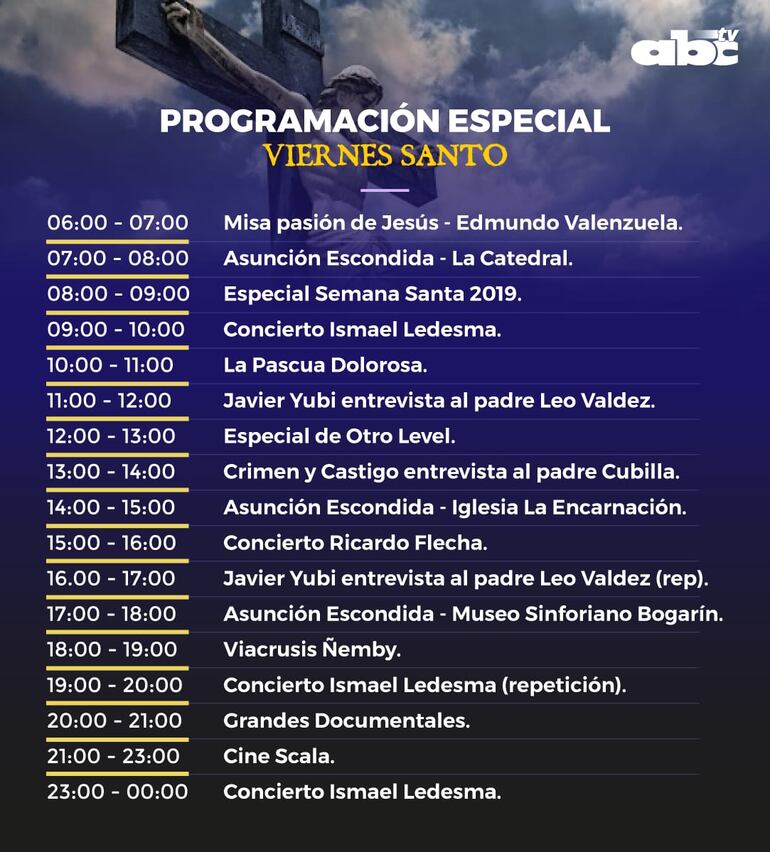 Grilla especial de ABC TV. de este Viernes Santo para acompañar a la gente que está de cuarentena en su casa.