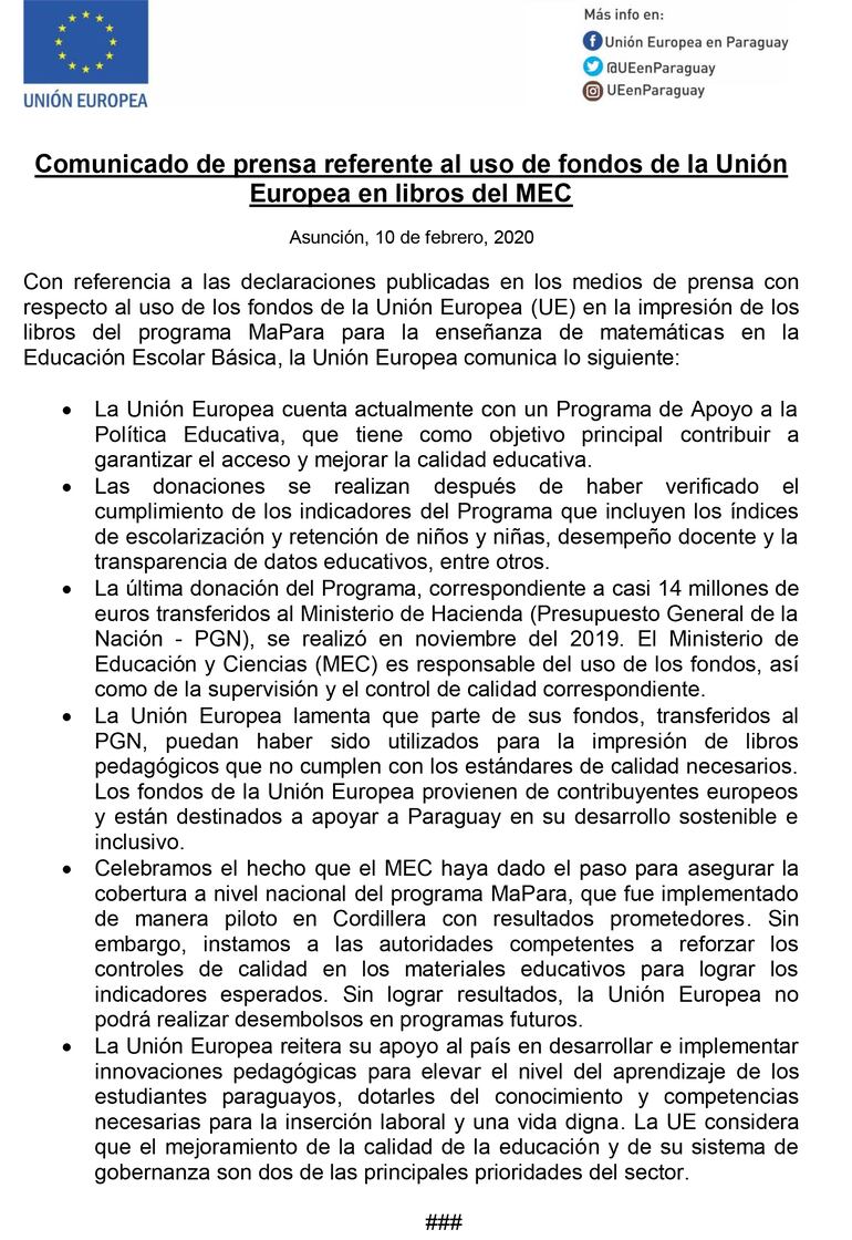 Comunicado de la Unión Europea tras detección se serios errores en textos escolares.