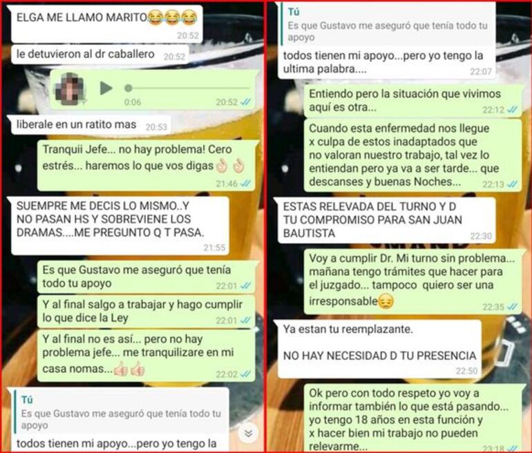 Supuestos mensajes entre el fiscal Báez Pedotti y la asistente fiscal de Ayolas, Elga Villaba.