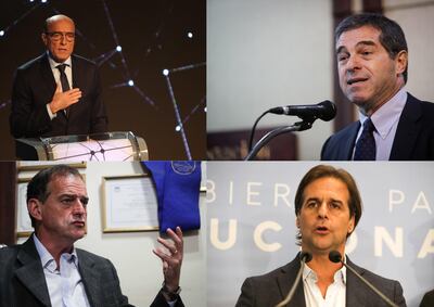 Combo de fotografías de archivo que muestra a los candidatos a la presidencia de Uruguay: Daniel Martínez, del Frente Amplio (FA) (arriba-i); Ernesto Talvi, del Partido Colorado (arriba-d); Guido Manini Ríos por el Cabildo Abierto (abajo-i); y Luis Alberto Lacalle Pou, del opositor Partido Nacional (PN, centroderecha). 
Todas las encuestas dan como favoritos a Martínez y Lacalle Pou.