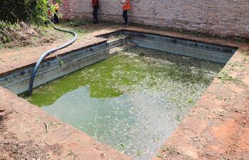Pileta con agua y basura situada en una vivienda de Lambaré, que fue allanada esta mañana.