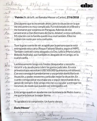 Carta de Darío Messer a Horacio Cartes.