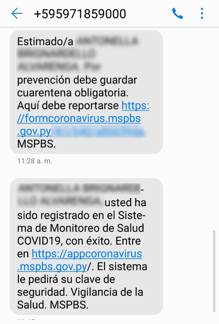 SMS que reciben los usuarios para acceder a la aplicación web.