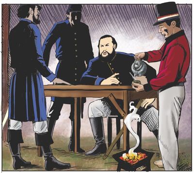 El Mcal.López en su campamento de Azcurra. Dibujo de Carlos Argüello para “Paraguay retã rekove” publicado por ABC Color.