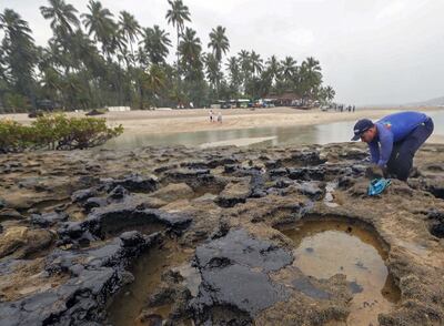 Un hombre intenta limpiar las manchas de petróleo que contaminan la playa de Carneiros, en Pernambuco (Brasil).