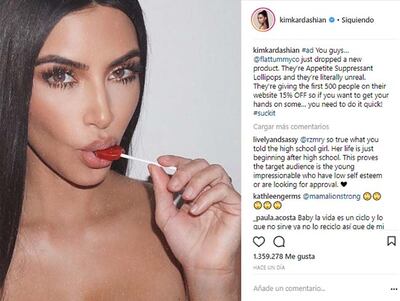 Una de las gotas que colmó el vaso, ante este problema virtual, fue la gran polémica provocada por una publicación de la influencer Kim Kardashian, quien posteó fotos consumiendo un chupetín que reduce el apetito.