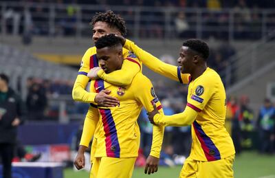 Milan (Italy), 10/12/2019.- FC Barcelona's Ansu Fati (C) celebrates with teammates Jean-Clair Todibo (L) and Moussa Wague after scoring during the UEFA Champions League group F soccer match between FC Inter and FC Barcelona at the Giuseppe Meazza stadium in Milan, Italy 10 December 2019. (Liga de Campeones, Italia) EFE/EPA/ROBERTO BREGANI