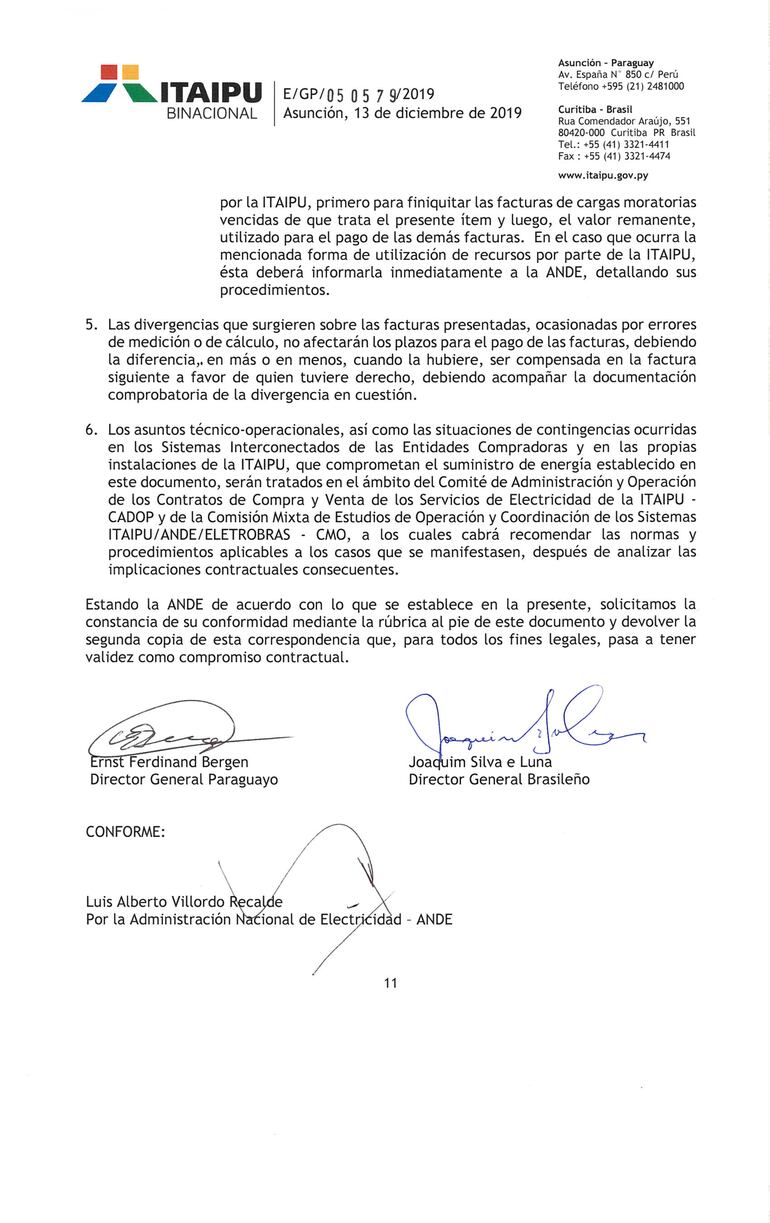 Carta Convenio entre Paraguay y Brasil sobre Itaipú, página 11.