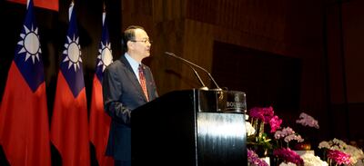 Diego Chou, embajador de la República de China (Taiwán), durante su discurso en la recepción por la fiesta del Doble Diez.