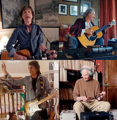 Mick Jagger, Keith Richards, Ronnie Wood y Charlie Watts, los integrantes de los Rolling Stones, quienes se sumaron al festival.