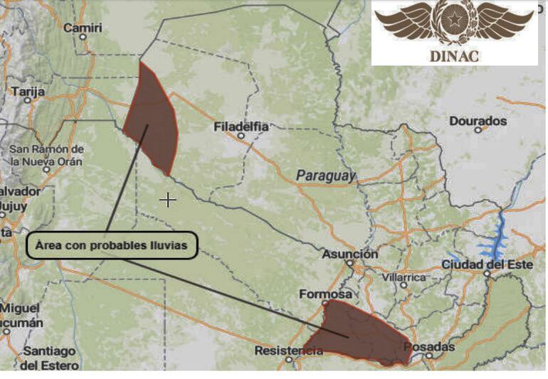 Zona marcada donde se esperan las posibles lluvias.