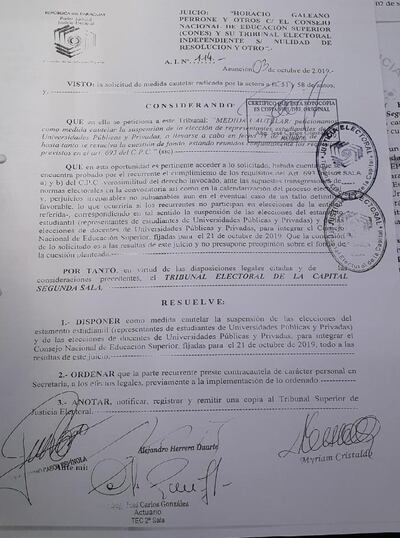 Documento del Tribunal Superior de Justicia Electoral que dispone la anulación de la elección de autoridades del Cones.