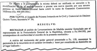 Parte de la resolución judicial en la que se niega a la Procuraduría el levantamiento de la medida cautelar de no innovar.