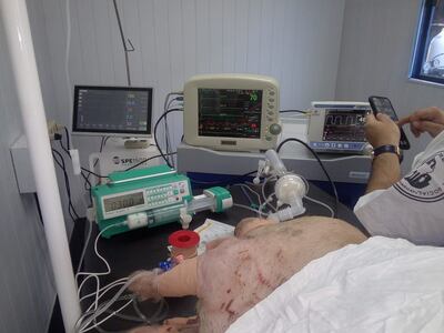 Personal veterinario simula un tratamiento de terapia intensiva, con respirador, con un cerdo como parte de la primera etapa de las pruebas del dispositivo.