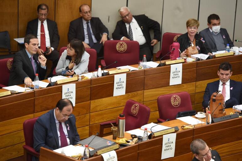 En varios curules de la Cámara de Senadores se pusieron carteles pidiendo justicia para Renato.