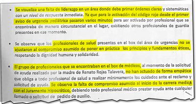 Las conclusiones de la Superintendencia de Salud, tras analizar el  circuito cerrado durante la atención al pequeño Renato, dicen que hubo falta de empatía y compromiso de los médicos.