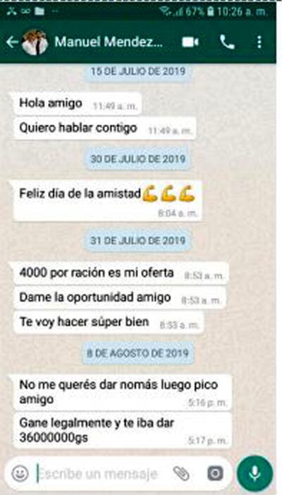 Una de las capturas de pantalla adjuntada a la denuncia presentada por el intendente y el encargado de UOC.