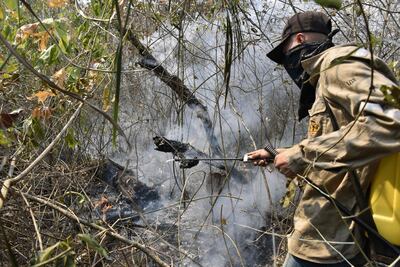 Un bombero desplegado para combatir los incendios forestales en Santa Cruz, Bolivia.