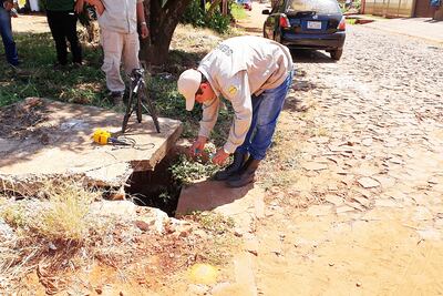 Un funcionario de Senepa aplica larvicida en el alcantarillado con agua estancada.