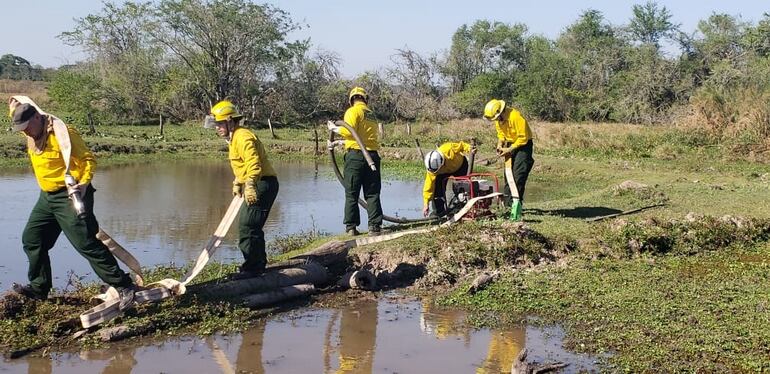 Bomberos voluntarios intentan sofocar las llamas.