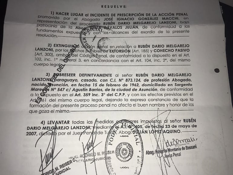 Resolución de la CSJ que consta el sobreseimiento definitivo de Melgarejo.