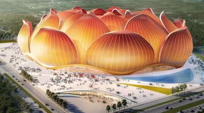 Coloridas maquetas del futuro estadio del campeón chino Guangzhou Evergrande, que tendrá
una capacidad para 100.000 espectadores. El escenario tendrá la apariencia de una flor de loto.