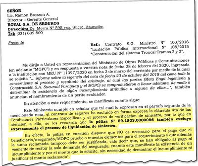 Nota en la cual el MOPC le respondió a Royal Seguros SA y en la misma le advirtió  que pretende violar el contrato de seguro.