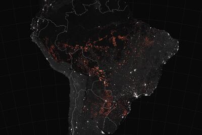 La imagen de la NASA muestra los incendios detectados en Brasil, Bolivia, Peru, Paraguay, Ecuador y Uruguay.