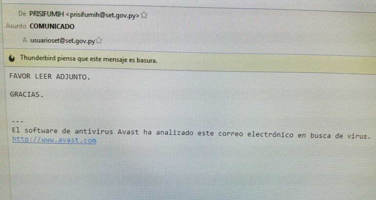 Correo que recibieron los funcionarios de SET.&nbsp;