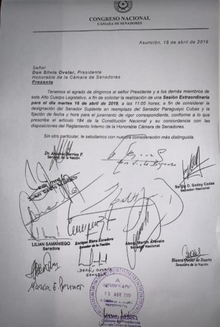 Nota presentada por colorados y liberales llanistas para la sesión extra de mañana. 