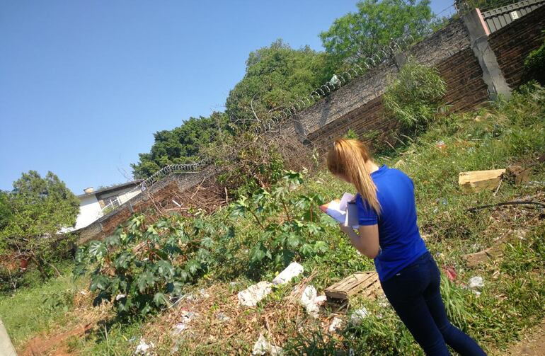 Una mujer observa un terreno baldío durante la jornada de minga.