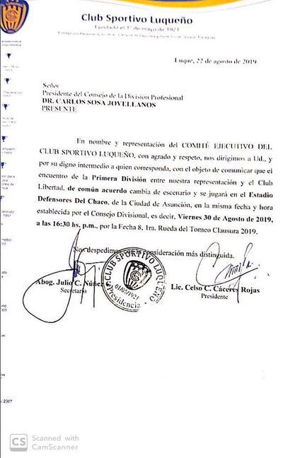 La nota que presentó Luqueño a la Asociación Paraguay de Fútbol (APF).