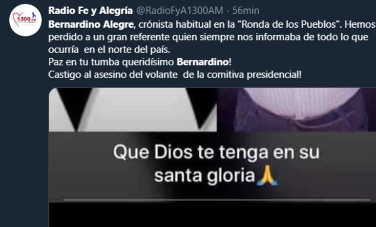 Radio Fe y Alegría emitió su pesar a través de sus redes sociales.