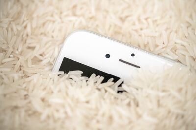 Para quitarle la humedad al teléfono móvil después de que se haya caído en un lugar con agua, hay que meterlo  después del primer secado durante varios días en una bolsa con arroz crudo.