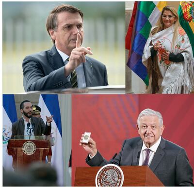 Los presidentes de Brasil, Jair Bolsonaro (izq. arriba); la gobernante interina de Bolivia, Jeanine Áñez (der. arriba); el mandatario salvadoreño, Nayib Bukele (izq. abajo) y el mexicano Andrés López Obrador (der. abajo).