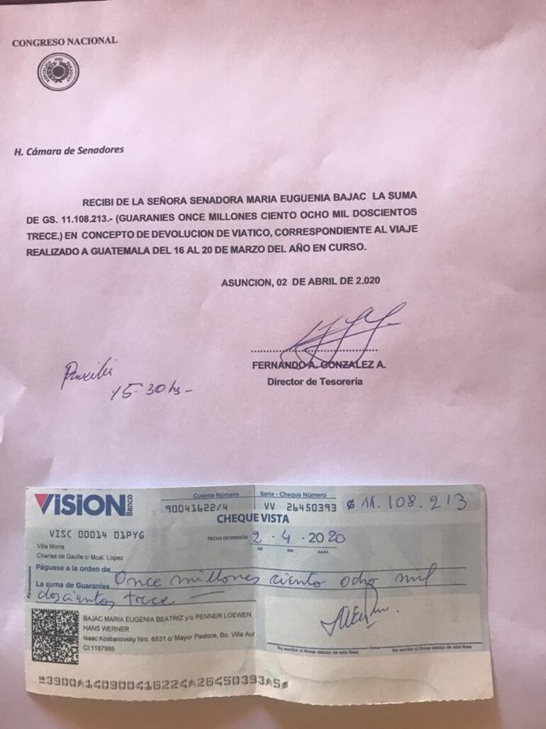 El cheque y el recibo de devolución de viático de la senadora María Eugenia Bajac, cobrados para participar del encuentro "Transformación sobrenatural de las naciones en la Era de Ciro", al que no asistió. Devolvió el dinero luego de que estallara el escándalo.