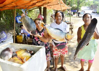 Victoria Ovelar, Atanacia Galeano y Blásida Galeano muestran los productos que ofertan a la vera del camino en Remanso.