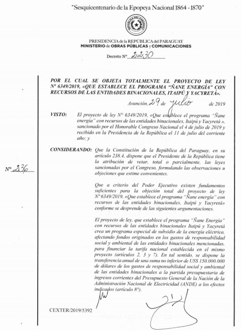 Veto total al proyecto de Ley "Ñande Energía" por parte del Ejecutivo.