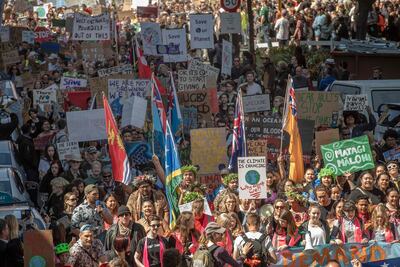 Manifestantes durante la huelga del clima en Wellington.