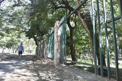 Grandes espacios quedan en la reja que debería proteger al Parque Caballero, luego de que los barrotes son robados por desconocidos. Esto posibilita que asaltantes u otros utilicen el área verde como escondite.