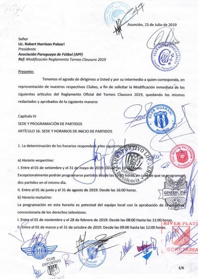Nota firmada por 11 clubes, menos Olimpia.