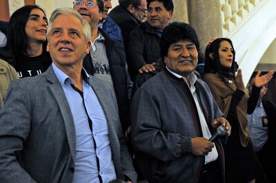 El presidente y candidato por el MAS, Evo Morales, junto a su vicepresidente, también aspirante para el mismo cargo, Alvaro Garcia Linera.