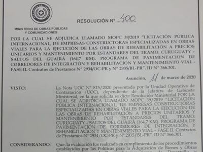 Resolución de adjudicación que firmó el titular del MOPC, Arnoldo Wiens.