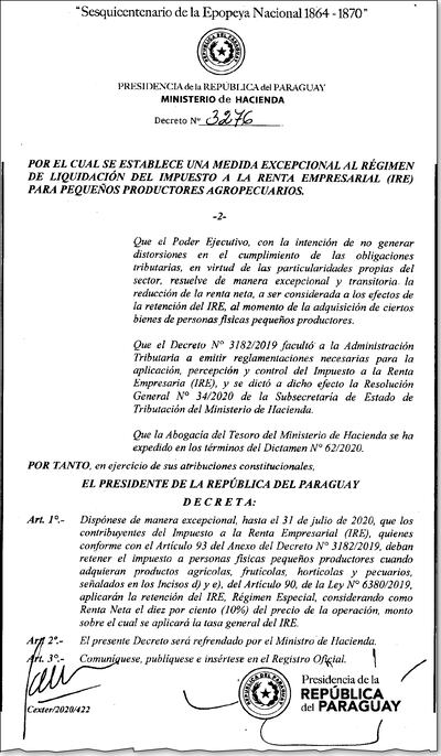 Decreto N° 3276, por el cual se establece una medida excepcional al régimen de liquidación del Impuesto a la Renta Empresarial (IRE) para pequeños productores.
