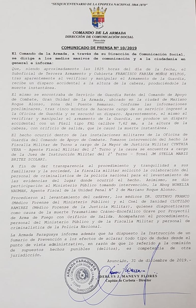 Comunicado del Comando de la Armada sobre la muerte del joven Francisco Muñoz