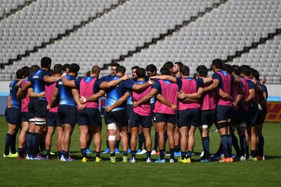 Argentina's players take part in the captain's run at Tokyo Stadium in Tokyo on September 19, 2019, ahead of the Japan 2019 Rugby World Cup